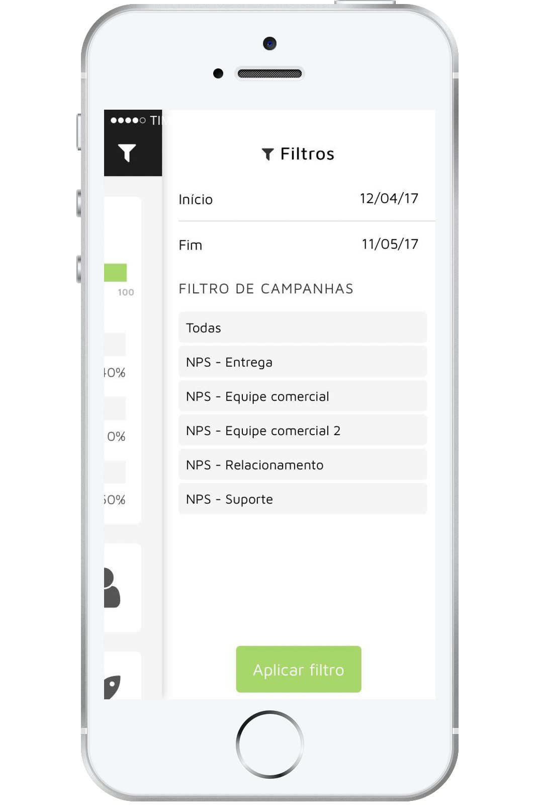 A tela indica onde o clientes pode visualizar a sessão "Filtros" no aplicativo da Tracksale