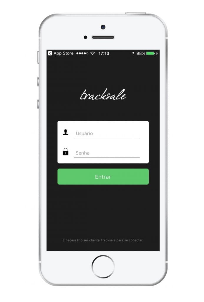 A tela indica onde o cliente deve inserir seu login no aplicativo da Tracksale